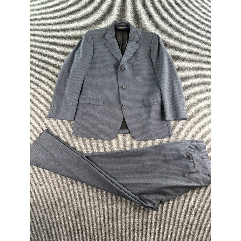 Vintage Brooks Brothers Suit 45 L Blue Wool Striped 80s USA Jacket Pants 36x30